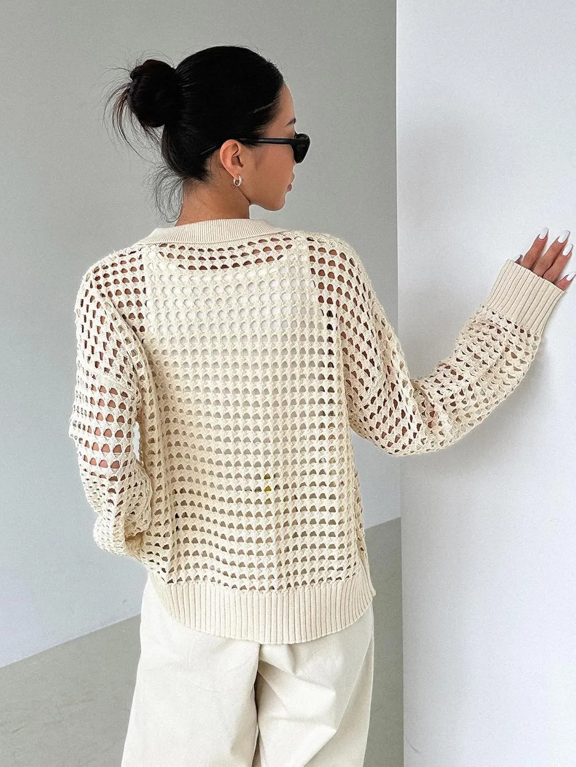 MakeMeChic Women's Button Up Cardigan Sweaters Crochet Hollow Out Open Front Cardigan Tops