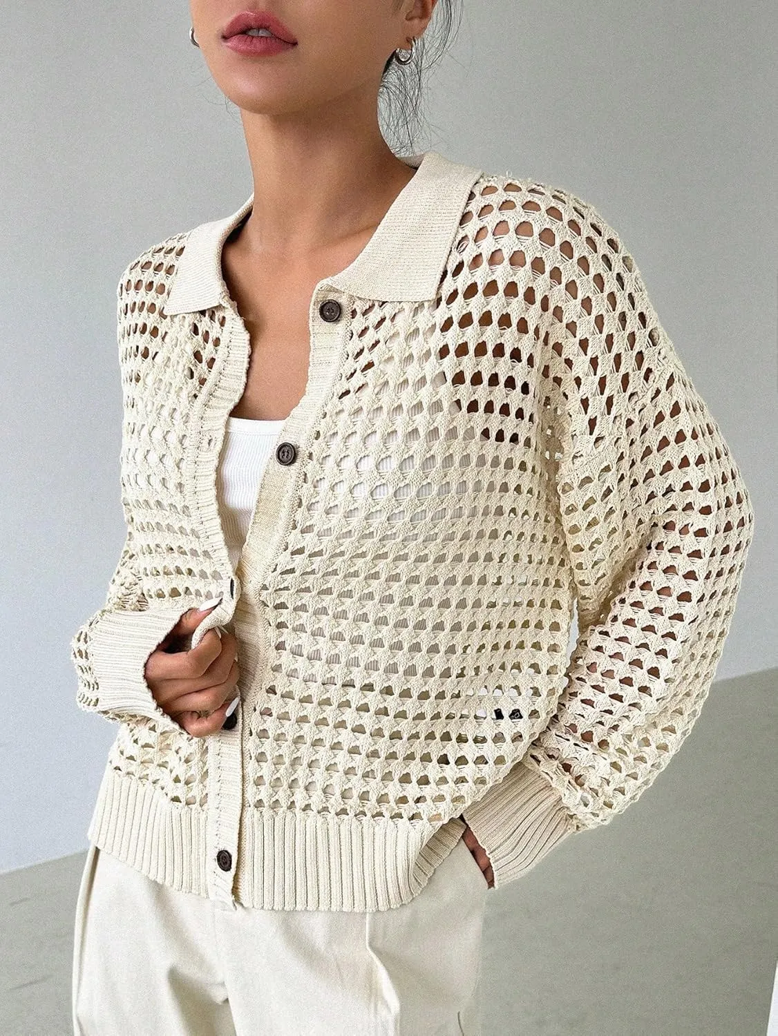 MakeMeChic Women's Button Up Cardigan Sweaters Crochet Hollow Out Open Front Cardigan Tops