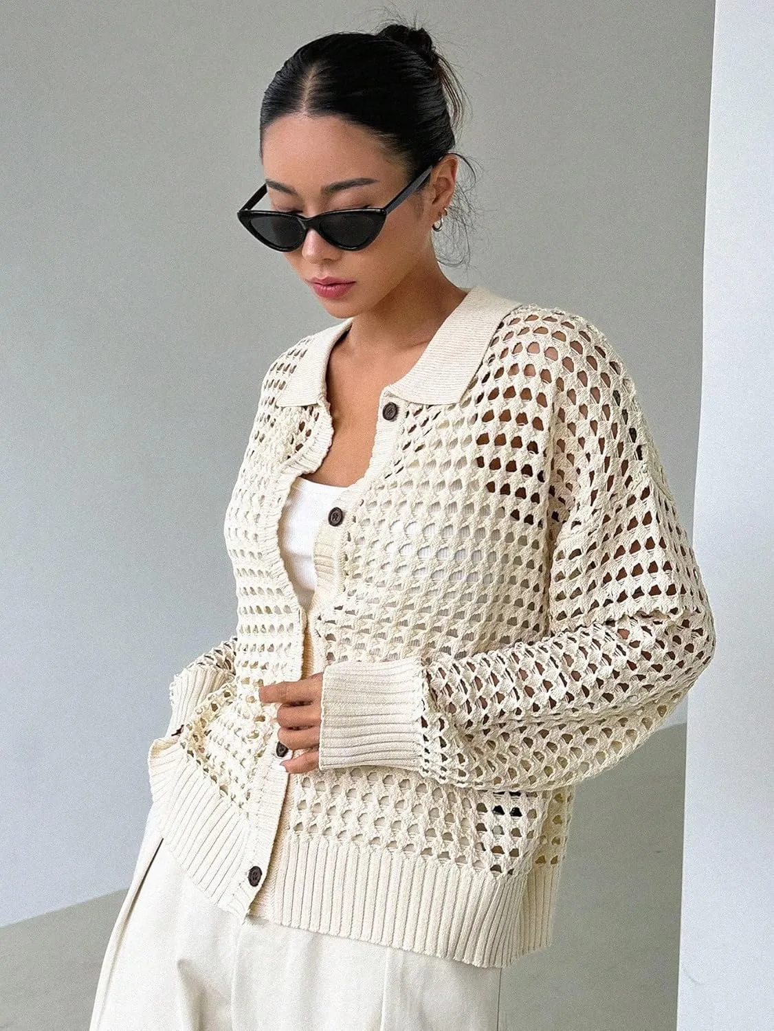 MakeMeChic Women's Button Up Cardigan Sweaters Crochet Hollow Out Open Front Cardigan Tops