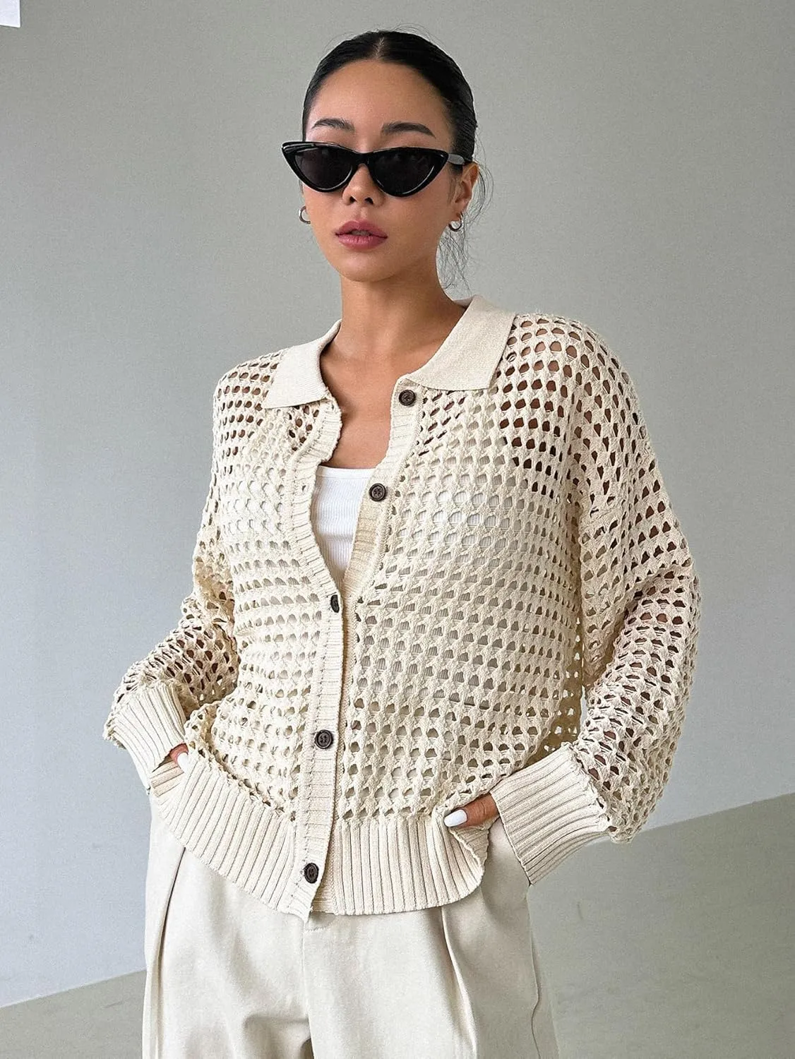 MakeMeChic Women's Button Up Cardigan Sweaters Crochet Hollow Out Open Front Cardigan Tops