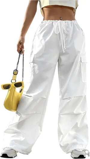MakeMeChic Women's Leopard Cargo Pants Y2k Drawstring Waist Wide Leg Baggy Cheetah Print Pants