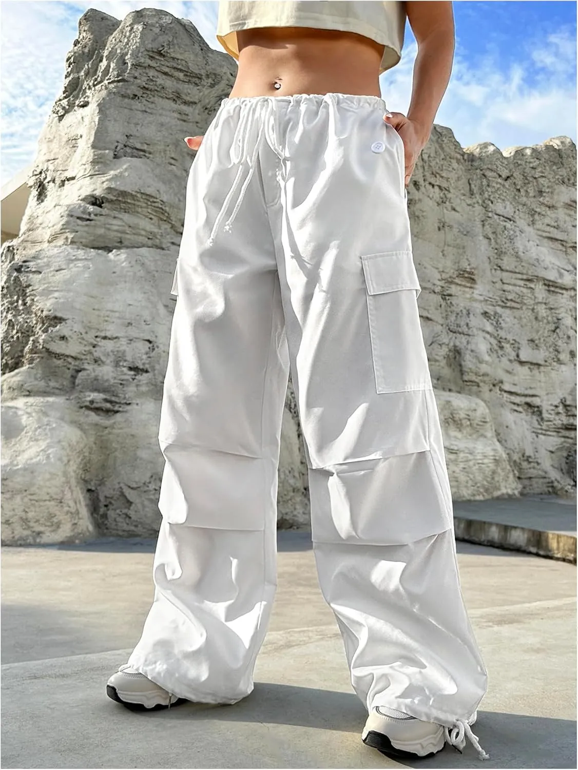 MakeMeChic Women's Leopard Cargo Pants Y2k Drawstring Waist Wide Leg Baggy Cheetah Print Pants