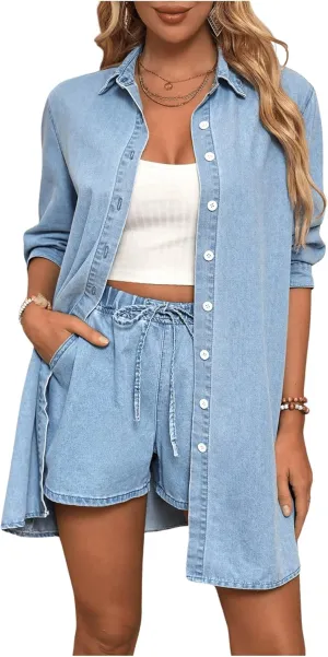 MakeMeChic Women's Long Sleeve Denim Jacket Collar Neck Half Sleeve Button Down Coats