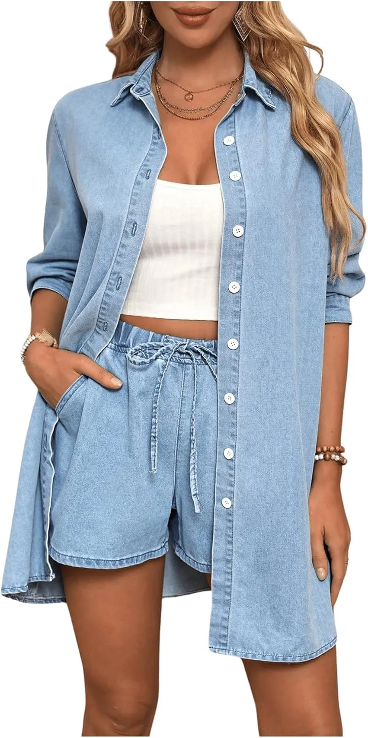 MakeMeChic Women's Long Sleeve Denim Jacket Collar Neck Half Sleeve Button Down Coats