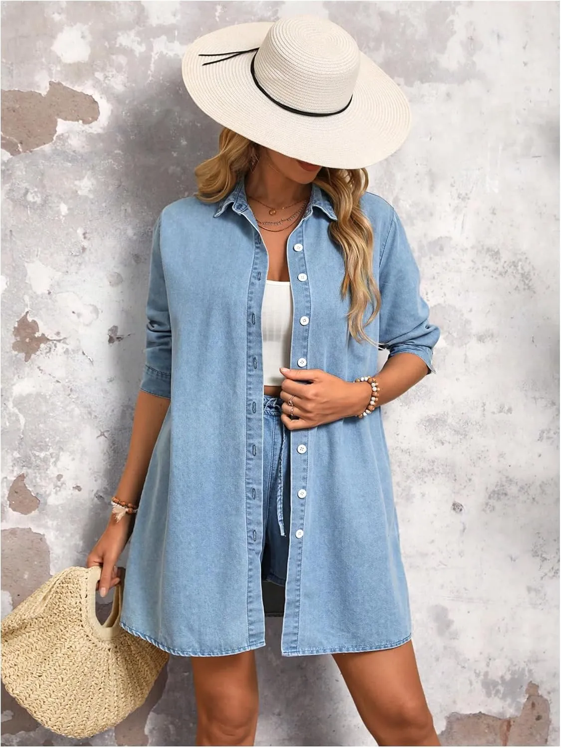 MakeMeChic Women's Long Sleeve Denim Jacket Collar Neck Half Sleeve Button Down Coats
