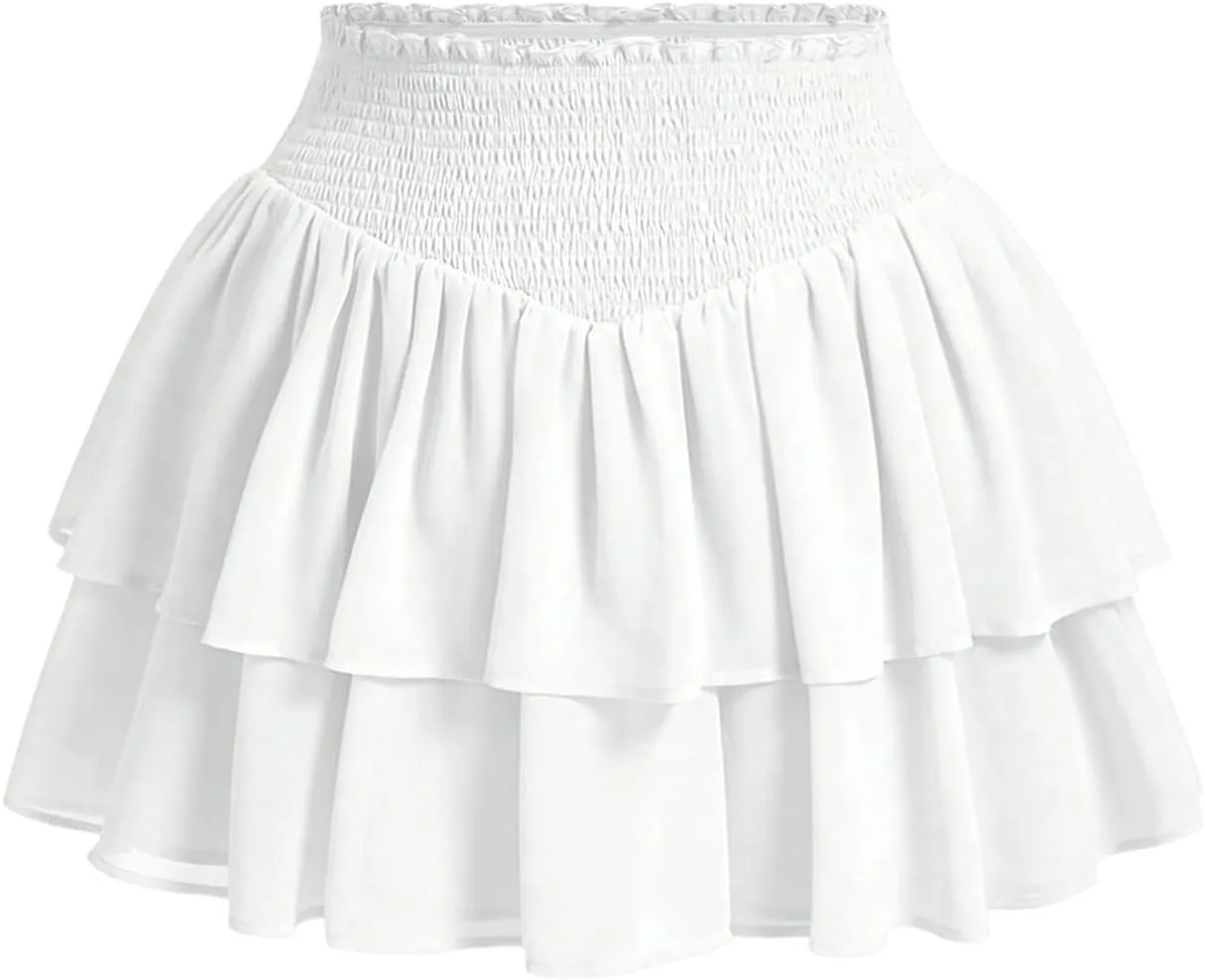 MakeMeChic Women's Plus Size Skirt Shirred Ruffle Tiered A Line Summer Mini Skirts