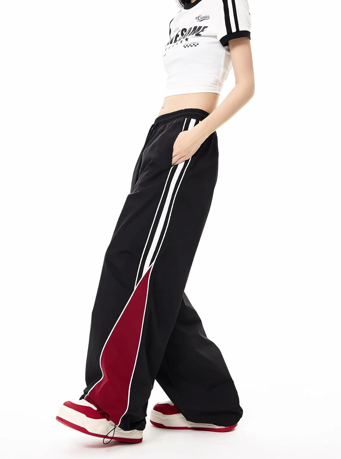 MakeMeChic Women's Wide Leg Sweatpants Colorblock Elastic Waist Y2K Parachute Pants Baggy Pants