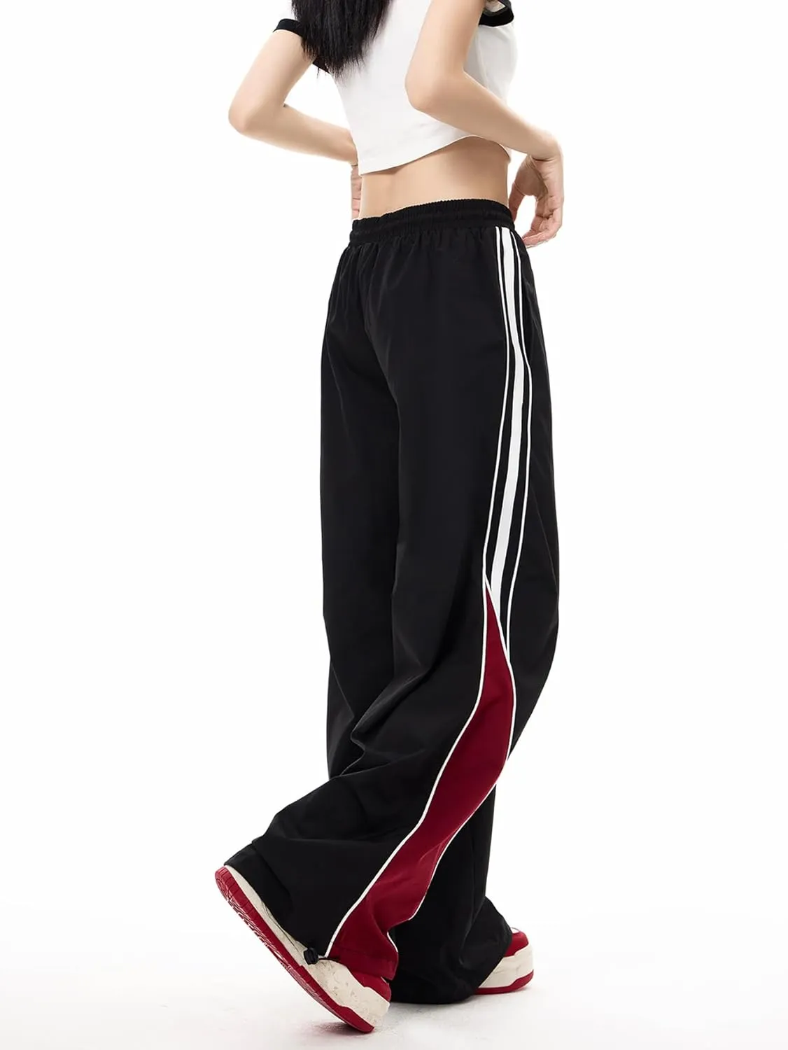 MakeMeChic Women's Wide Leg Sweatpants Colorblock Elastic Waist Y2K Parachute Pants Baggy Pants