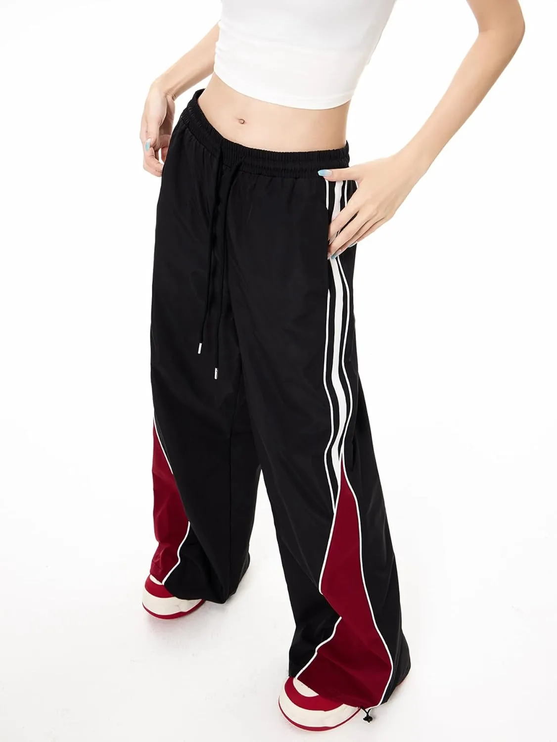 MakeMeChic Women's Wide Leg Sweatpants Colorblock Elastic Waist Y2K Parachute Pants Baggy Pants