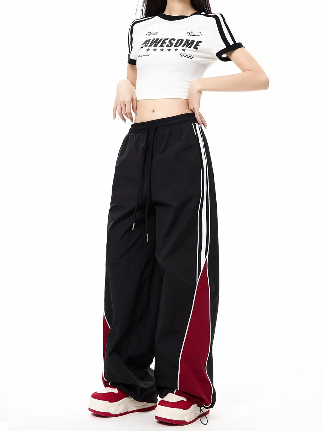 MakeMeChic Women's Wide Leg Sweatpants Colorblock Elastic Waist Y2K Parachute Pants Baggy Pants