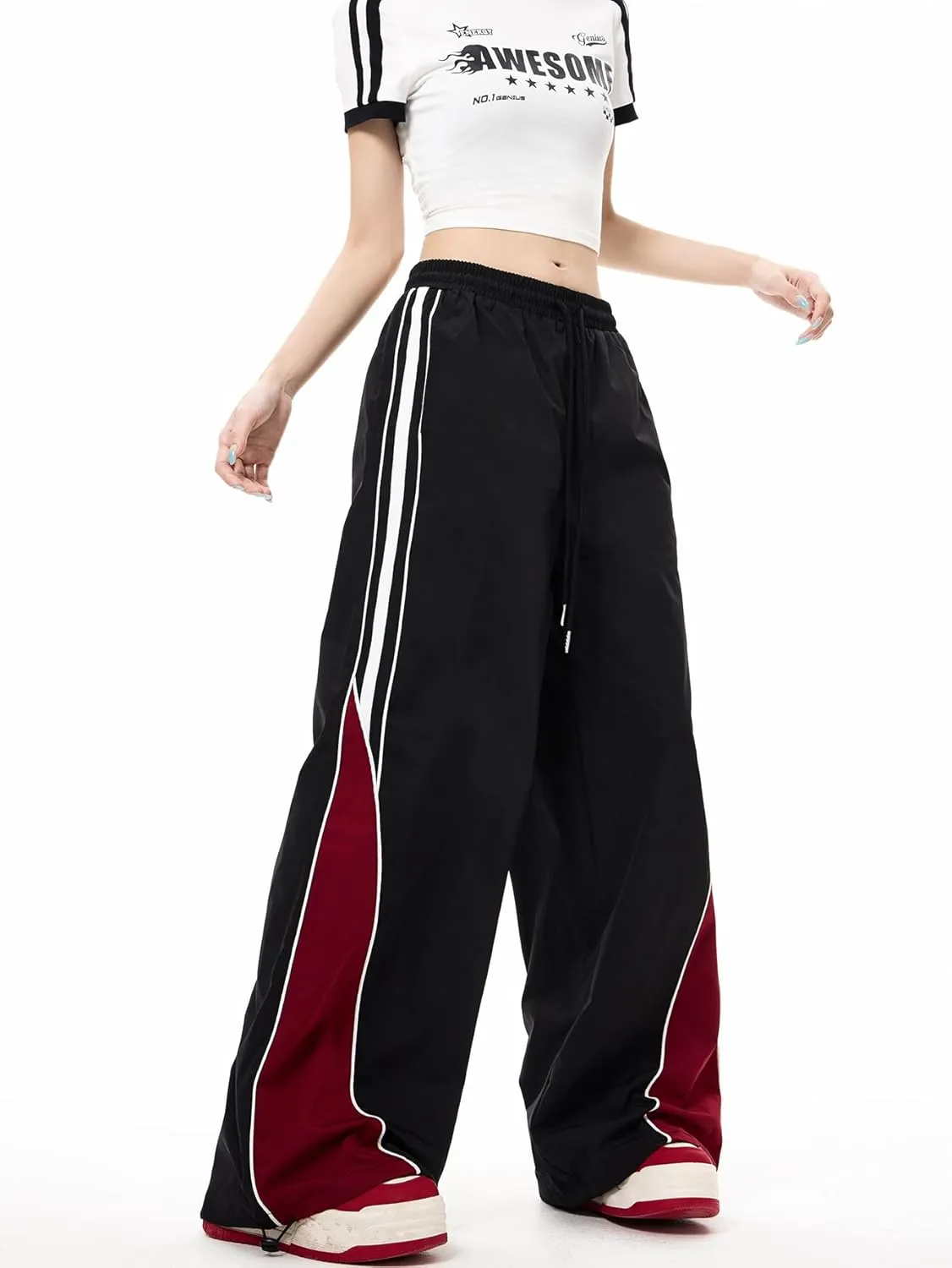 MakeMeChic Women's Wide Leg Sweatpants Colorblock Elastic Waist Y2K Parachute Pants Baggy Pants