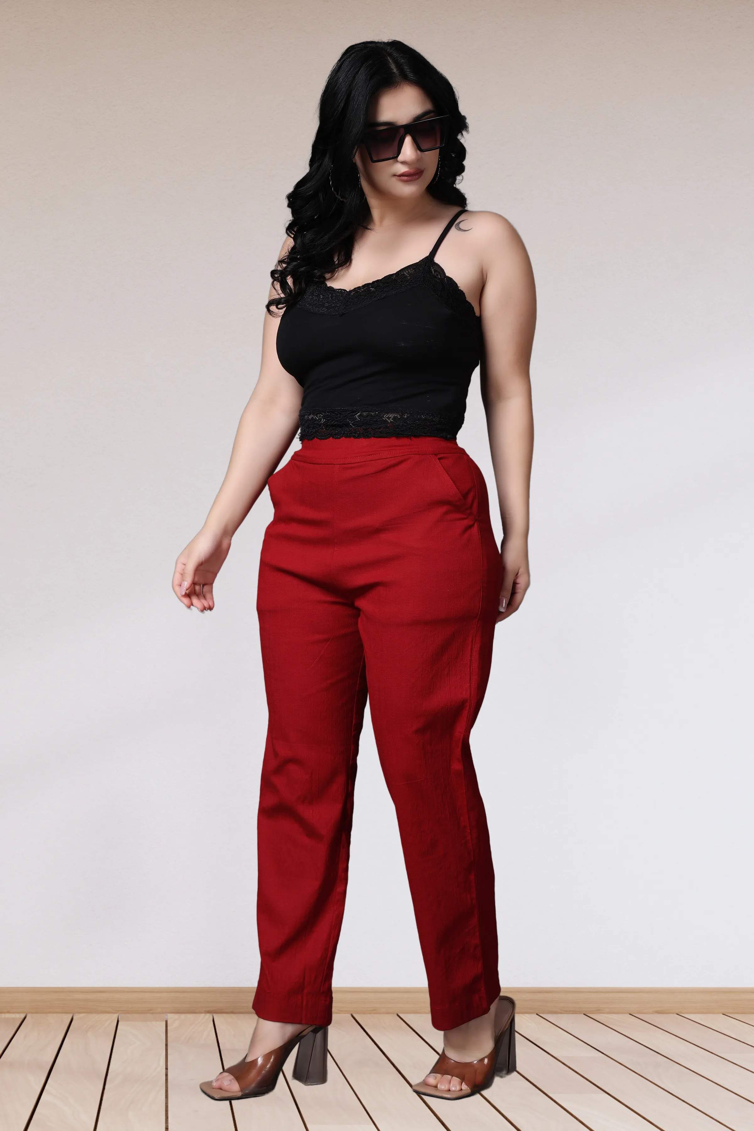 Maroon Lycra Slub Pants