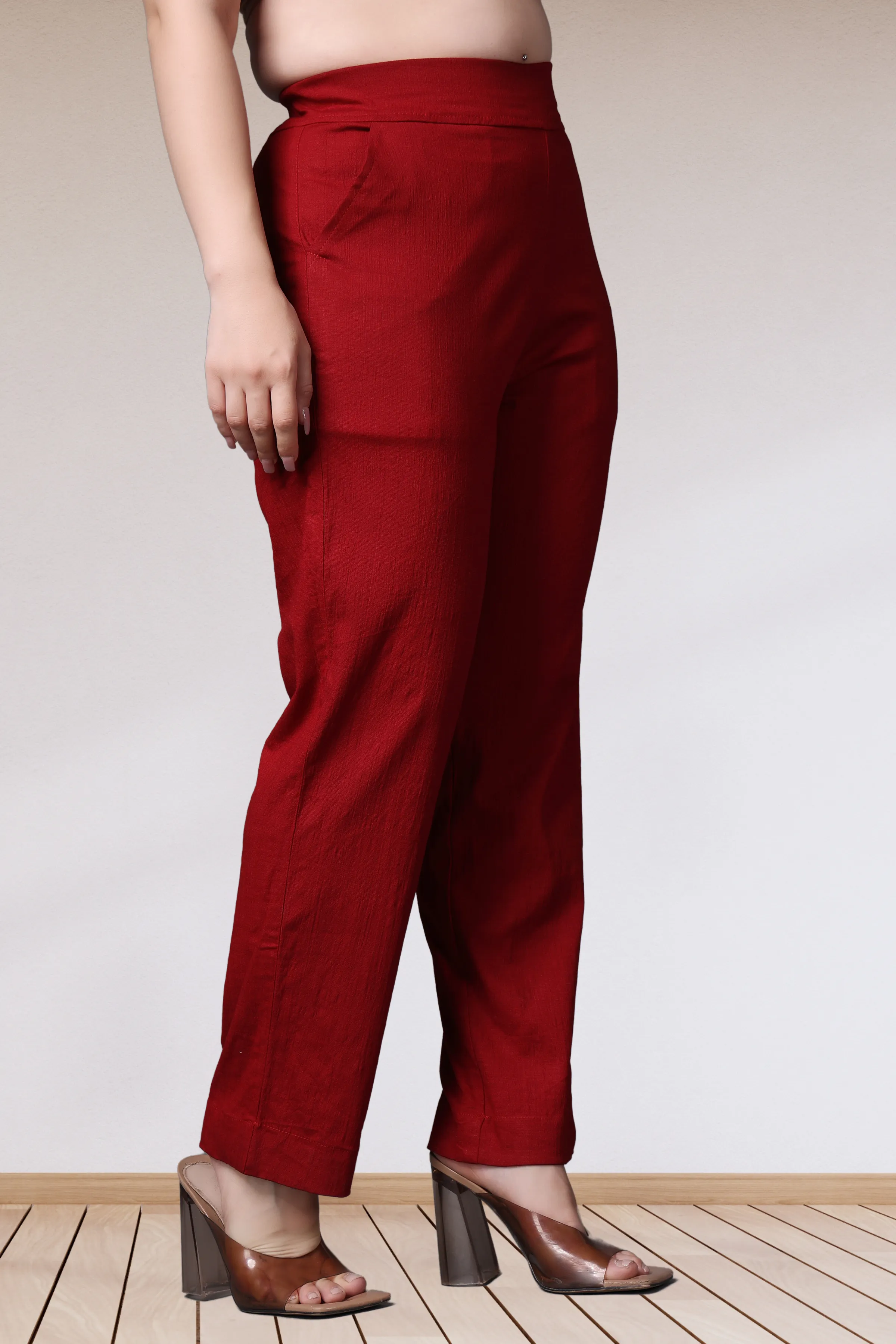 Maroon Lycra Slub Pants