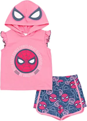 Marvel Spider-Man Girls Cosplay Tank Top and French Terry Dolphin Shorts Outfit Set Toddler to Big Kid Sizes (2T - 14-16)
