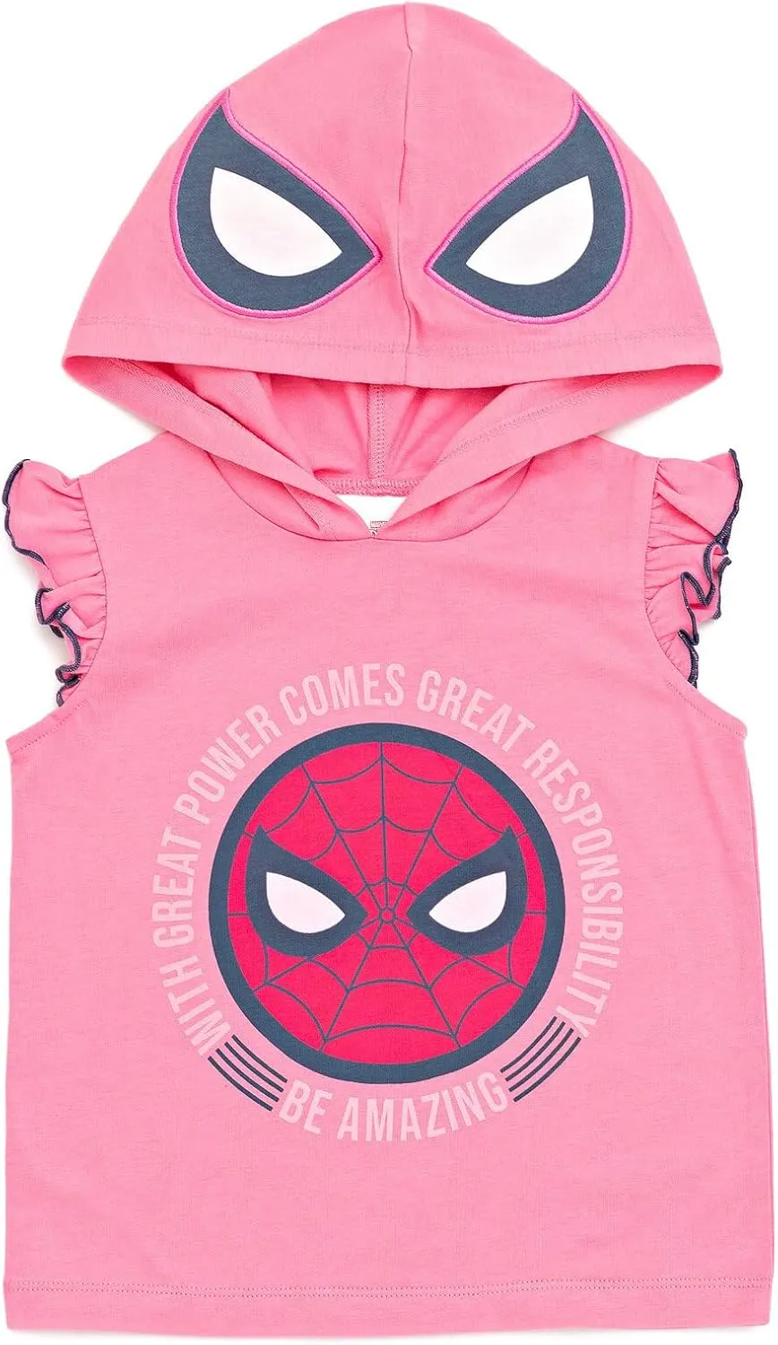 Marvel Spider-Man Girls Cosplay Tank Top and French Terry Dolphin Shorts Outfit Set Toddler to Big Kid Sizes (2T - 14-16)