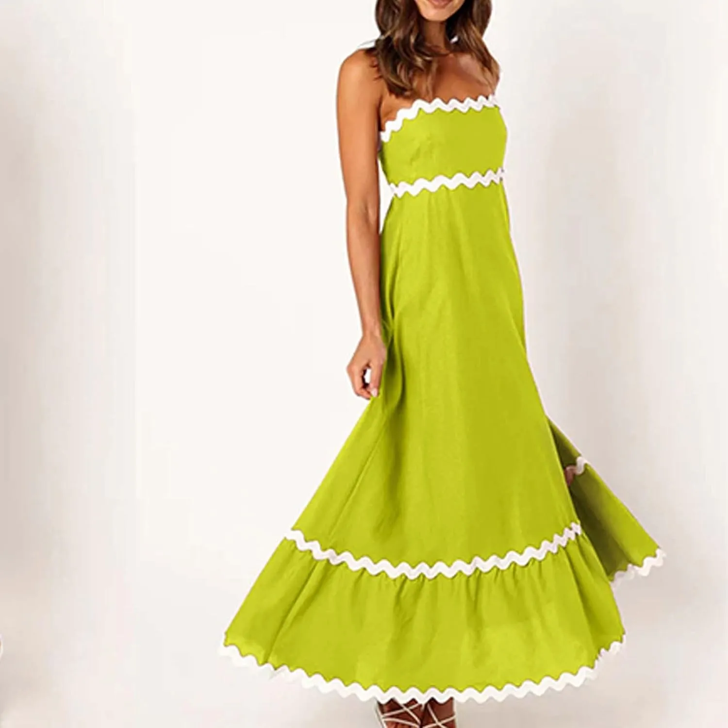Maxi Dress for Women Plus Size Sleeveless Prom Dress Summer Boho Dresses Wedding Guest Dress Smocked Rickrack Trim