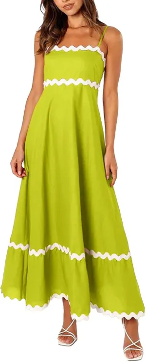 Maxi Dress for Women Plus Size Sleeveless Prom Dress Summer Boho Dresses Wedding Guest Dress Smocked Rickrack Trim