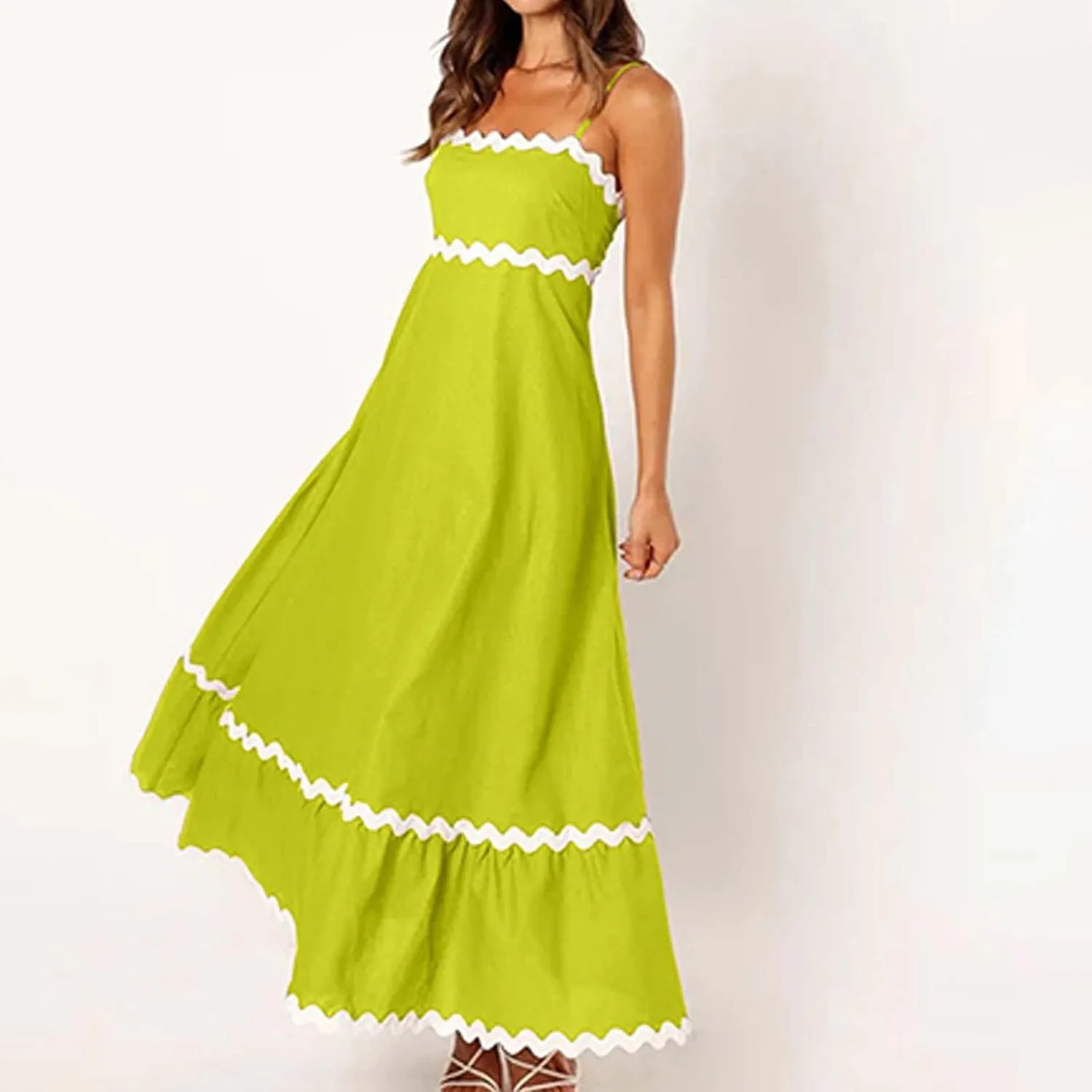 Maxi Dress for Women Plus Size Sleeveless Prom Dress Summer Boho Dresses Wedding Guest Dress Smocked Rickrack Trim