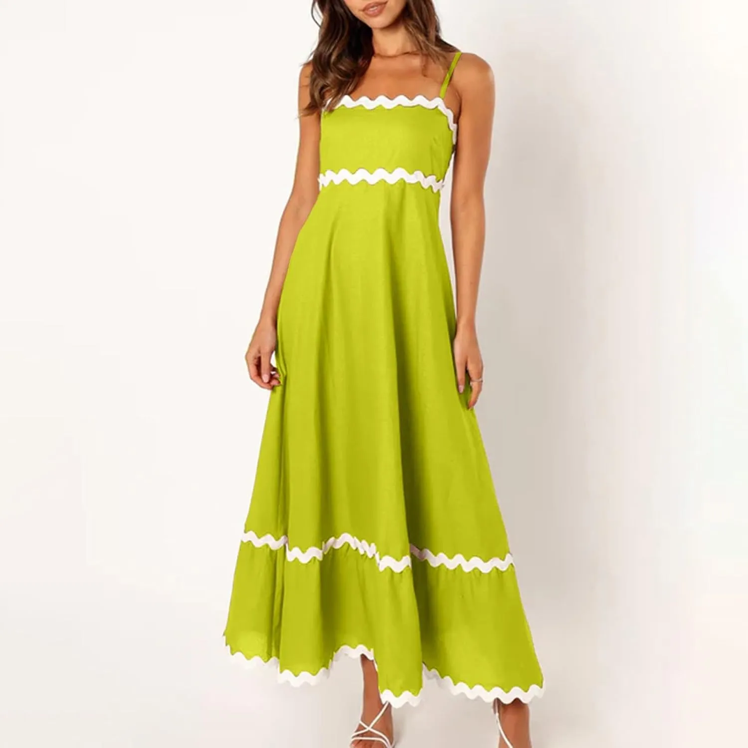 Maxi Dress for Women Plus Size Sleeveless Prom Dress Summer Boho Dresses Wedding Guest Dress Smocked Rickrack Trim