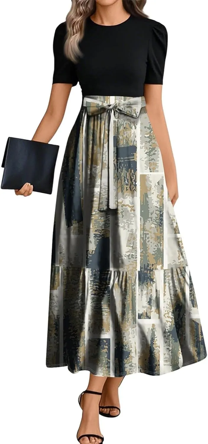 Maxi Dresses for Women 2025 Belted Short Sleeve Round Neck Geometric Splicing Elegant Flowy High Waist Summer Dress