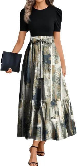 Maxi Dresses for Women 2025 Belted Short Sleeve Round Neck Geometric Splicing Elegant Flowy High Waist Summer Dress