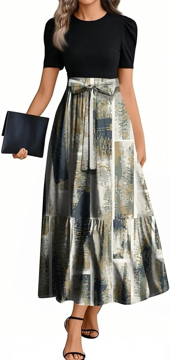 Maxi Dresses for Women 2025 Belted Short Sleeve Round Neck Geometric Splicing Elegant Flowy High Waist Summer Dress