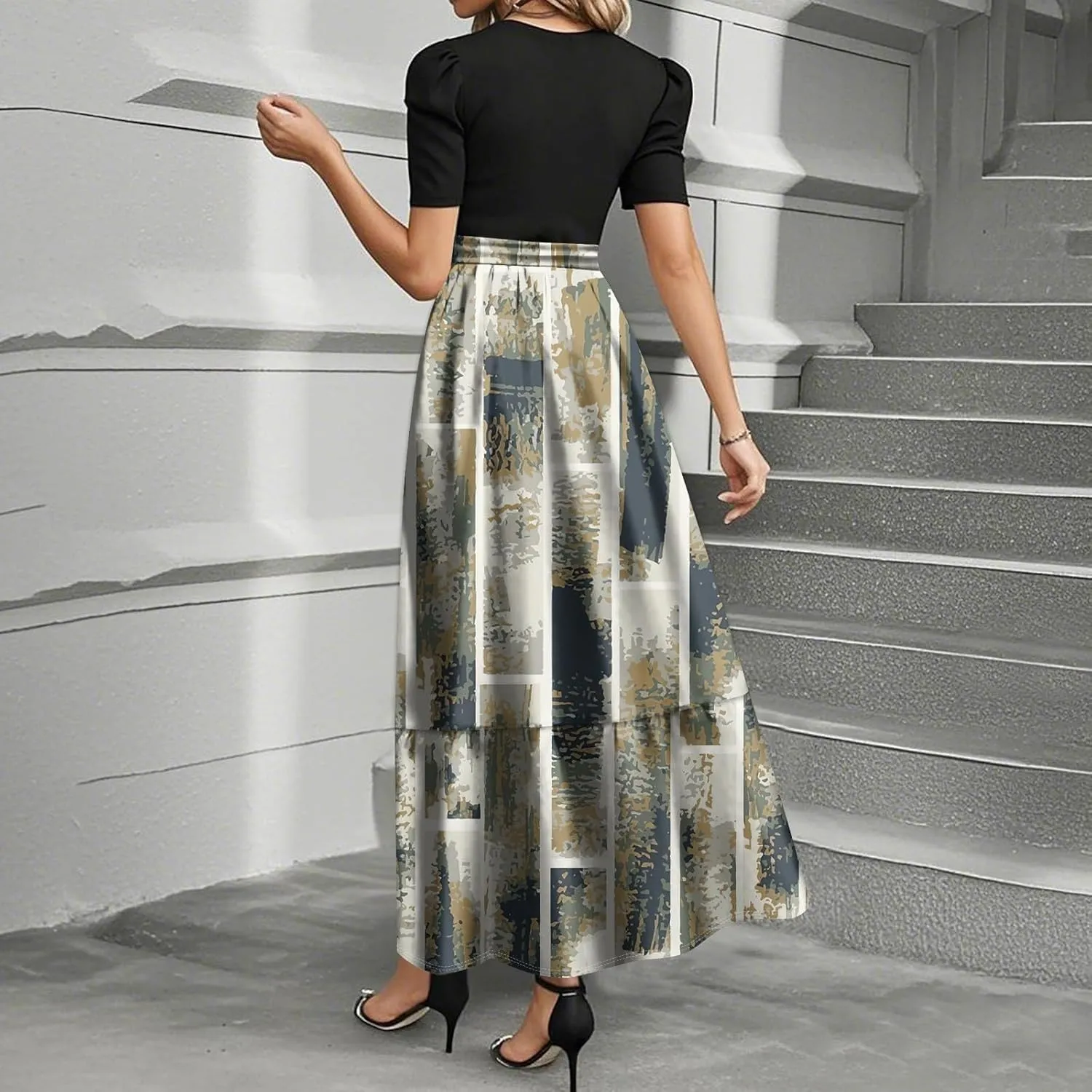 Maxi Dresses for Women 2025 Belted Short Sleeve Round Neck Geometric Splicing Elegant Flowy High Waist Summer Dress