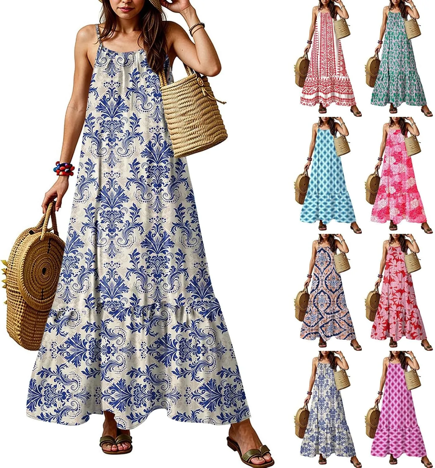 Maxi Dresses for Women 2025 Summer Boho Spaghetti Strap Maxi Dress Vintage Prin Long Dresses Casual Flowy Beach Dress
