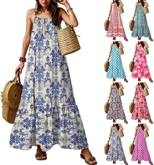 Maxi Dresses for Women 2025 Summer Boho Spaghetti Strap Maxi Dress Vintage Prin Long Dresses Casual Flowy Beach Dress