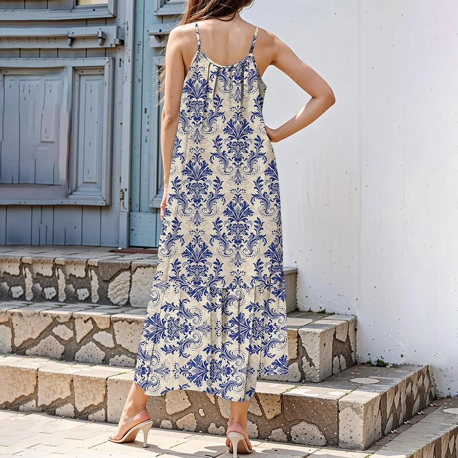 Maxi Dresses for Women 2025 Summer Boho Spaghetti Strap Maxi Dress Vintage Prin Long Dresses Casual Flowy Beach Dress