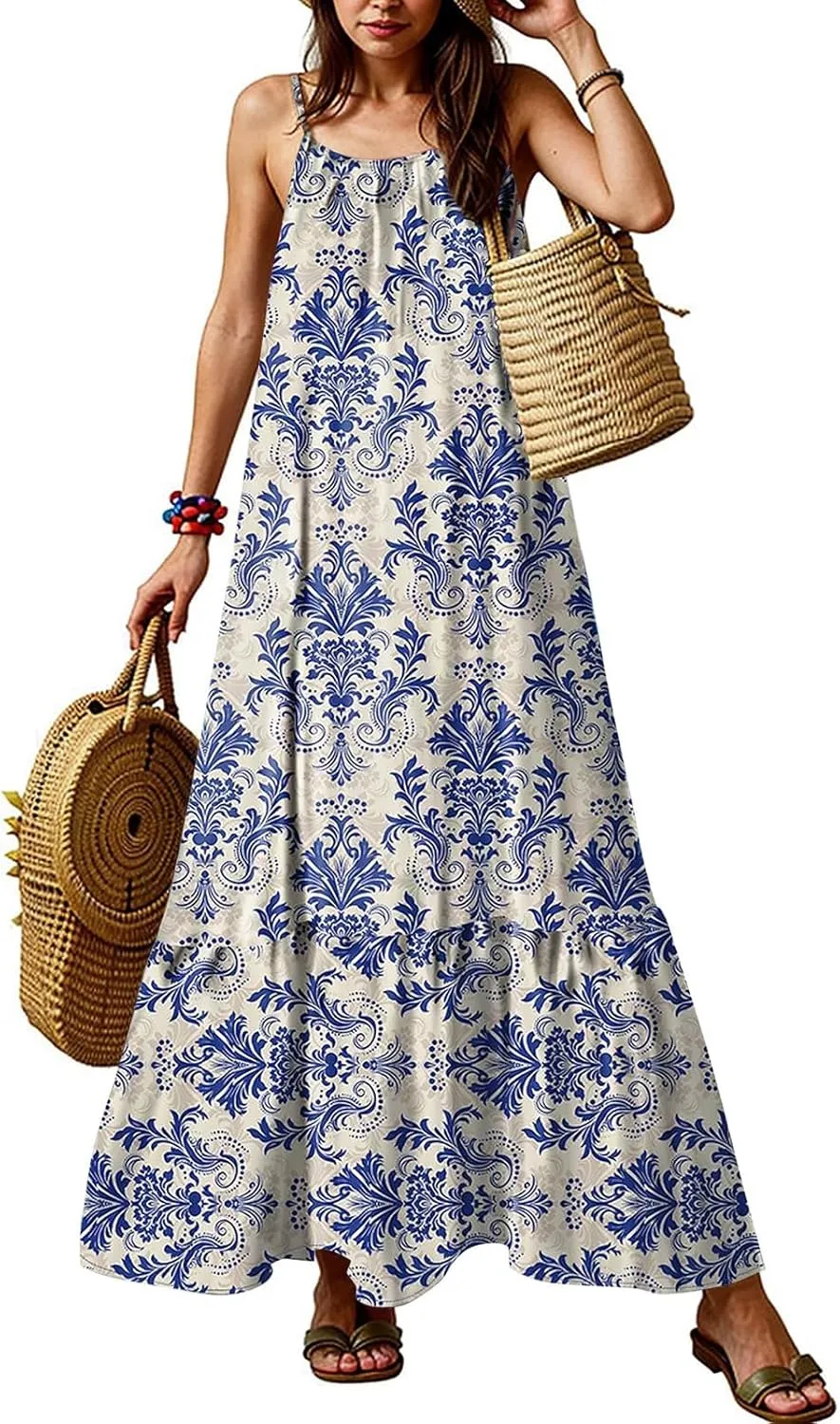 Maxi Dresses for Women 2025 Summer Boho Spaghetti Strap Maxi Dress Vintage Prin Long Dresses Casual Flowy Beach Dress