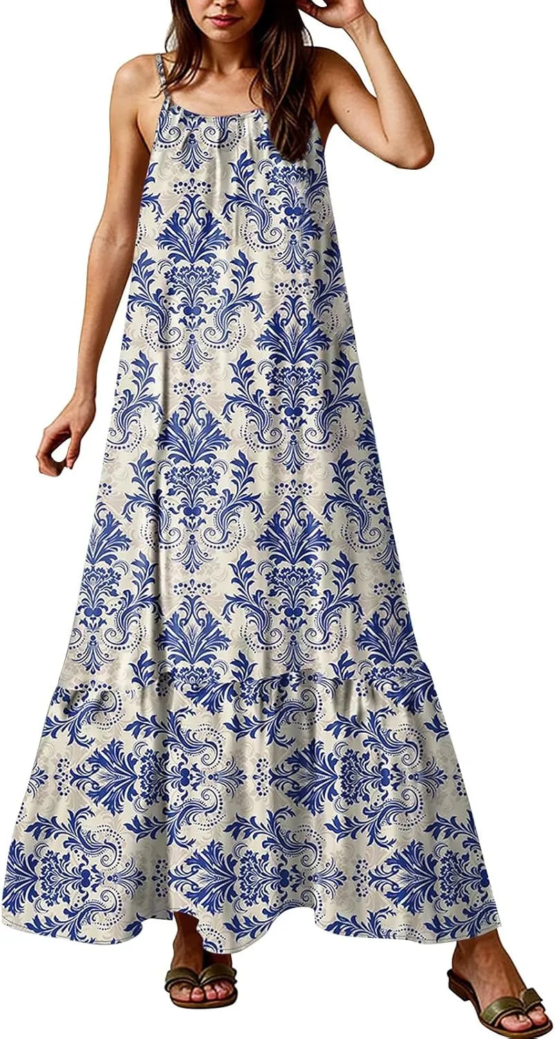 Maxi Dresses for Women 2025 Summer Boho Spaghetti Strap Maxi Dress Vintage Prin Long Dresses Casual Flowy Beach Dress