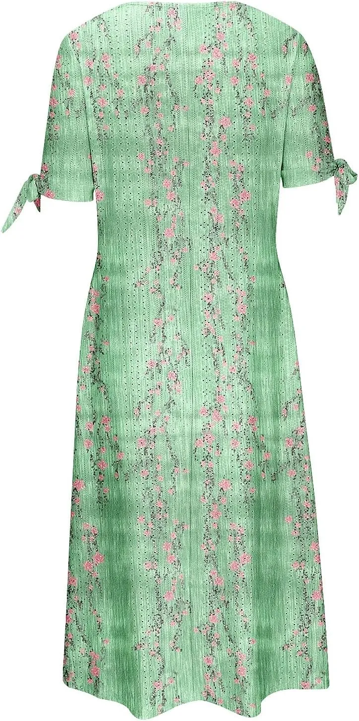 Maxi Dresses for Women 2025,Eyelet Beach Vacation Floral Boho Short Sleeve Plus Size Summer Dresses Flowy Sundresses