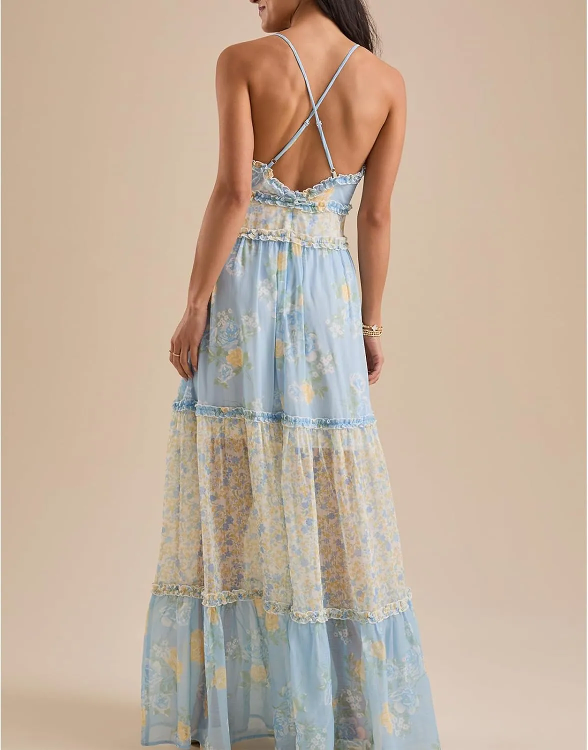 Meiweileya Women Spaghetti Strap Maxi Dress Y2k Floral Lace Trim Ruffle Long Dress Boho Patchwork Flowy Summer Beach Sundress