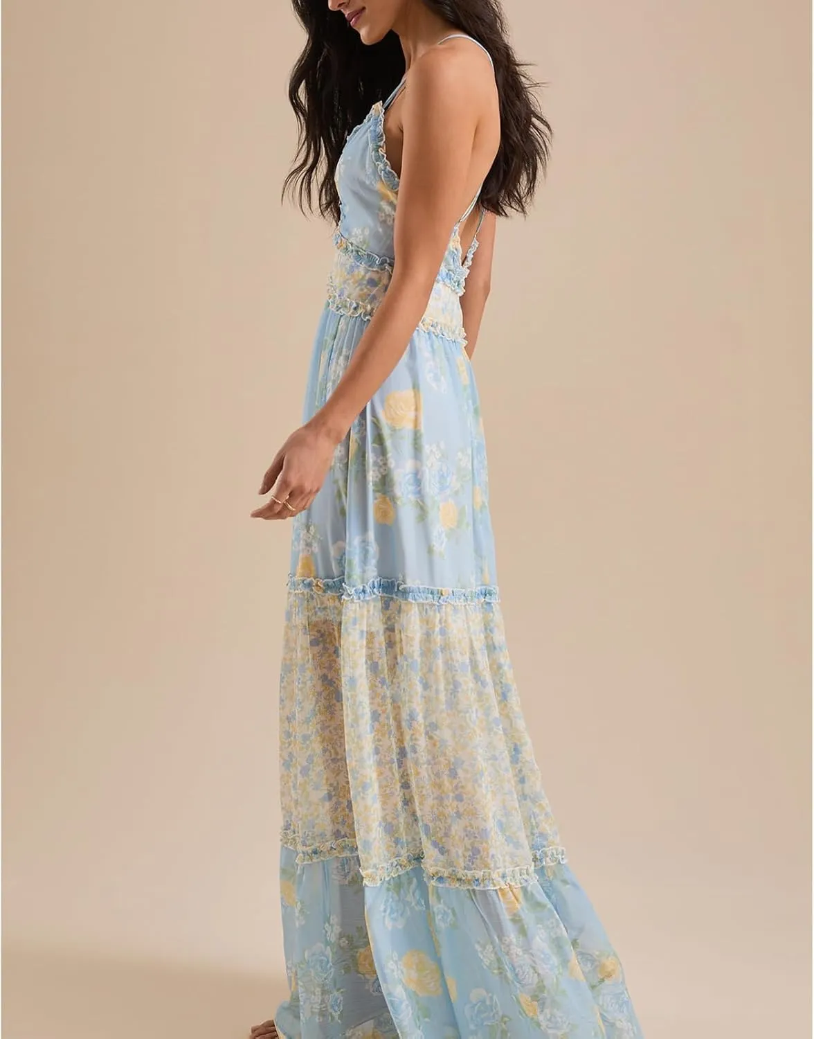 Meiweileya Women Spaghetti Strap Maxi Dress Y2k Floral Lace Trim Ruffle Long Dress Boho Patchwork Flowy Summer Beach Sundress