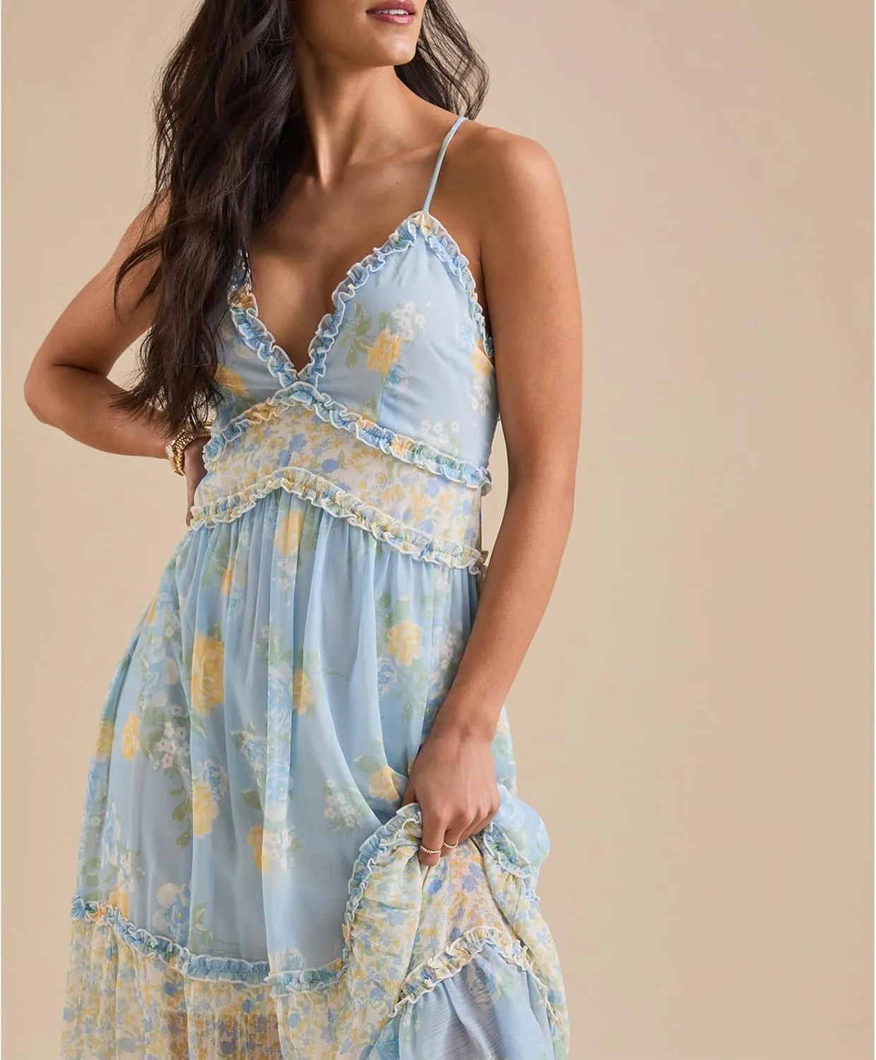 Meiweileya Women Spaghetti Strap Maxi Dress Y2k Floral Lace Trim Ruffle Long Dress Boho Patchwork Flowy Summer Beach Sundress
