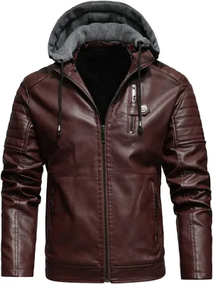 Men Faux Leather Jacket Motorcycle Jacket Casual Waterproof Windproof Pu Moto Coat Vintage Bomber Hoodie With Hood