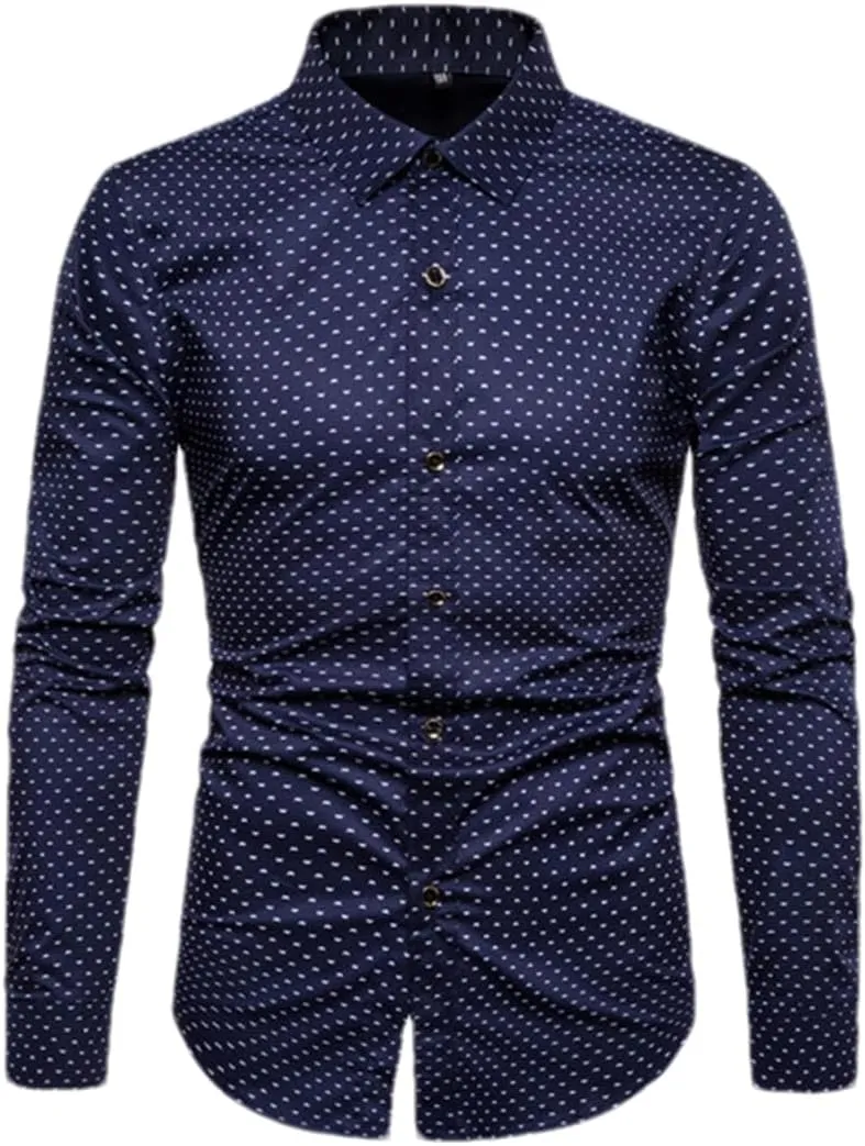 Men Slim Fit Long Sleeve Shirt Print Polka Dot Lapel Autumn Casual Shirt