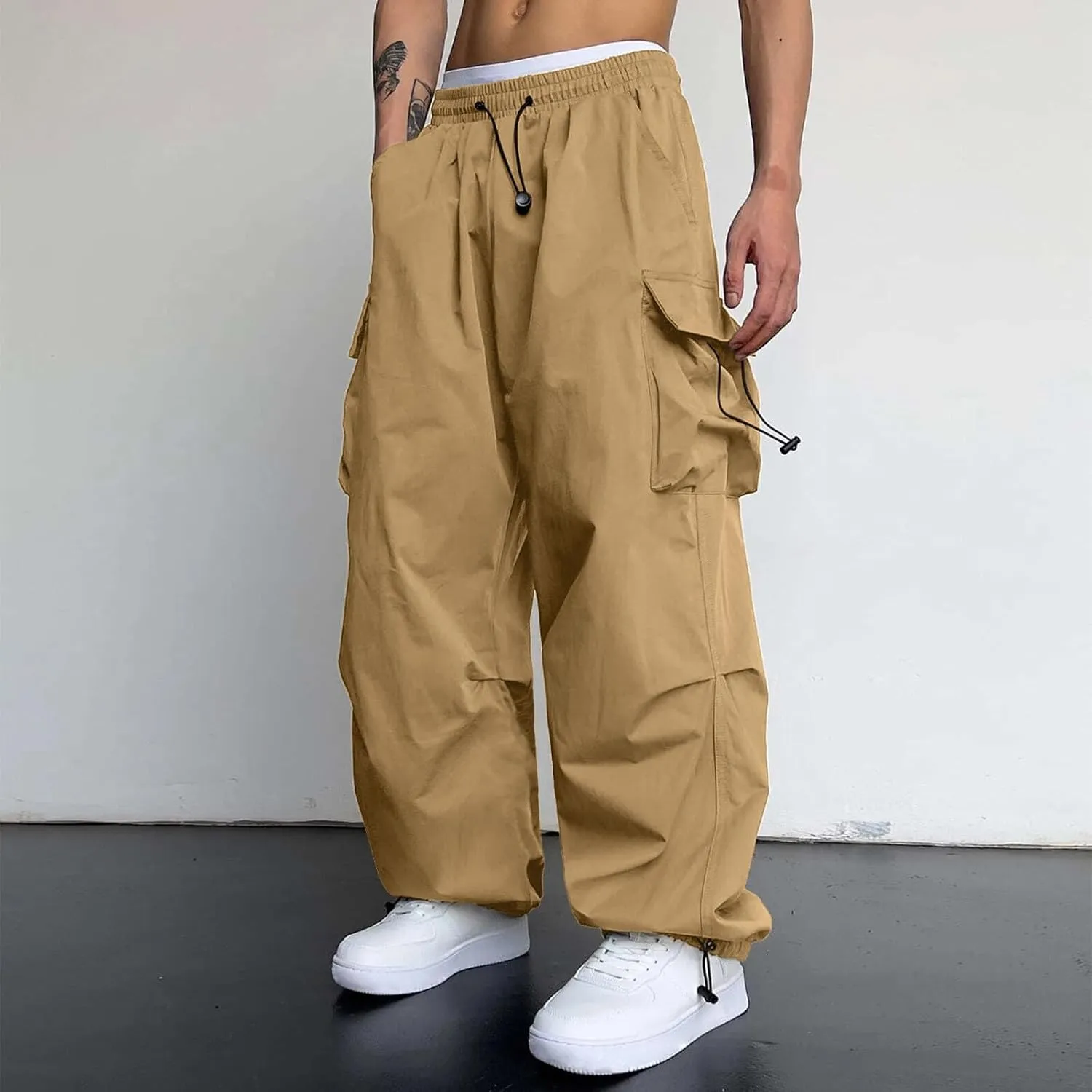Men's Baggy Cargo Pants Casual Parachute Pants Elastic Waist Drawstring Loose Fit Outdoor Multi Pockets
