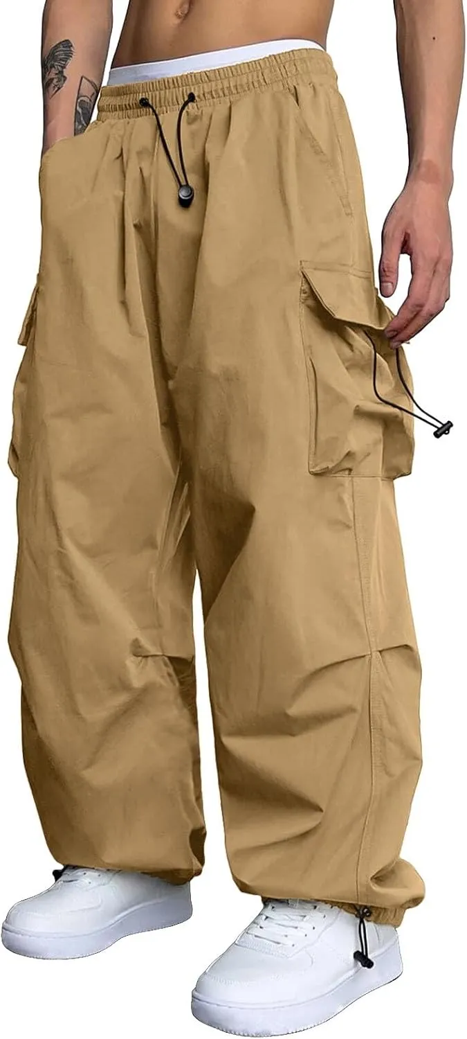 Men's Baggy Cargo Pants Casual Parachute Pants Elastic Waist Drawstring Loose Fit Outdoor Multi Pockets