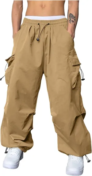 Men's Baggy Cargo Pants Casual Parachute Pants Elastic Waist Drawstring Loose Fit Outdoor Multi Pockets