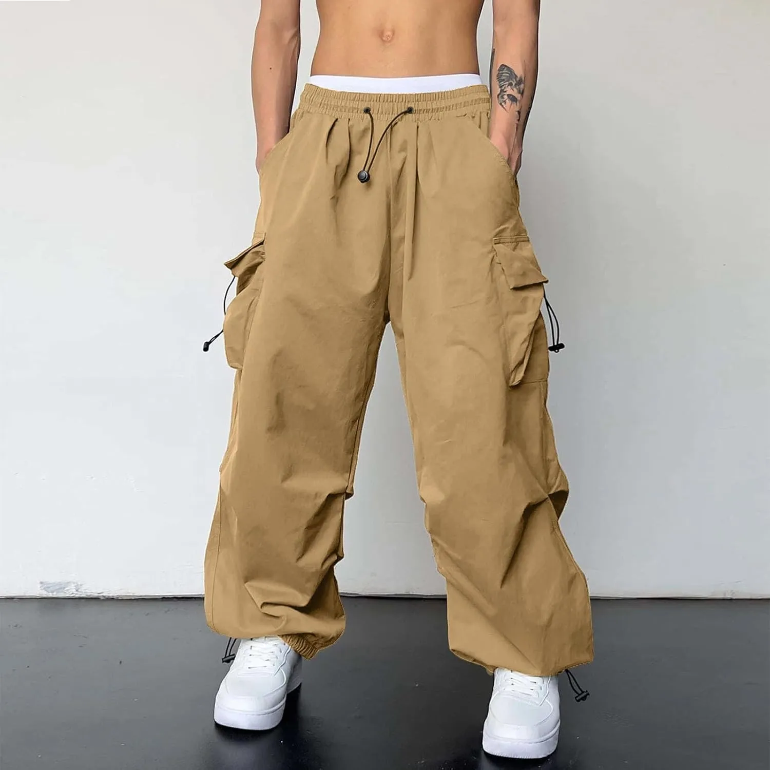 Men's Baggy Cargo Pants Casual Parachute Pants Elastic Waist Drawstring Loose Fit Outdoor Multi Pockets