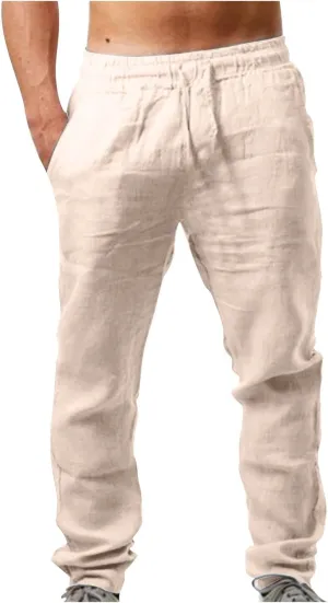 Mens Big and Tall Drawstring Stretch Cotton Linen Pants Casual Stylish Solid Beach Sport Loose Trousers Fashion