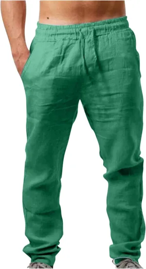 Mens Big and Tall Drawstring Stretch Cotton Linen Pants Casual Stylish Solid Beach Sport Loose Trousers Fashion