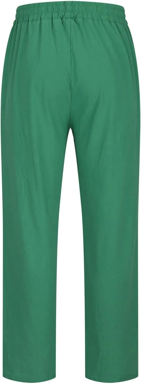 Mens Big and Tall Drawstring Stretch Cotton Linen Pants Casual Stylish Solid Beach Sport Loose Trousers Fashion
