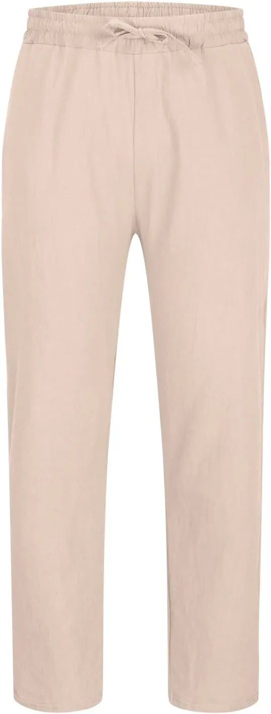 Mens Big and Tall Drawstring Stretch Cotton Linen Pants Casual Stylish Solid Beach Sport Loose Trousers Fashion
