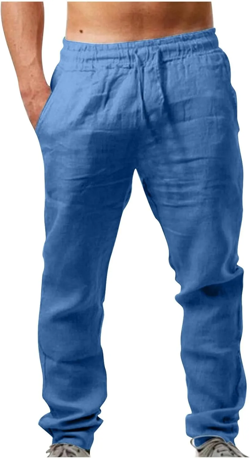 Mens Big and Tall Drawstring Stretch Cotton Linen Pants Casual Stylish Solid Beach Sport Loose Trousers Fashion