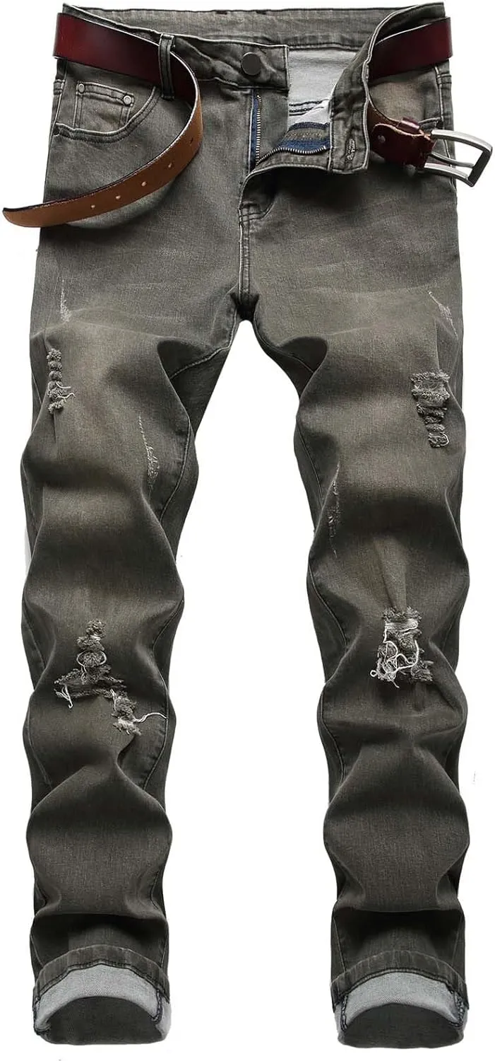 Men's Jean Ripped Slim Fit Straight Leg Denim Pants Stretch Skinny Distressed Comfort Fashion Biker Denim Pants Jeans