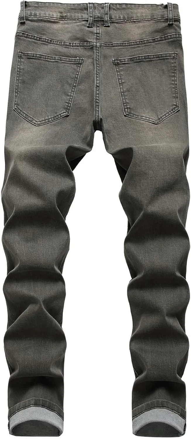 Men's Jean Ripped Slim Fit Straight Leg Denim Pants Stretch Skinny Distressed Comfort Fashion Biker Denim Pants Jeans