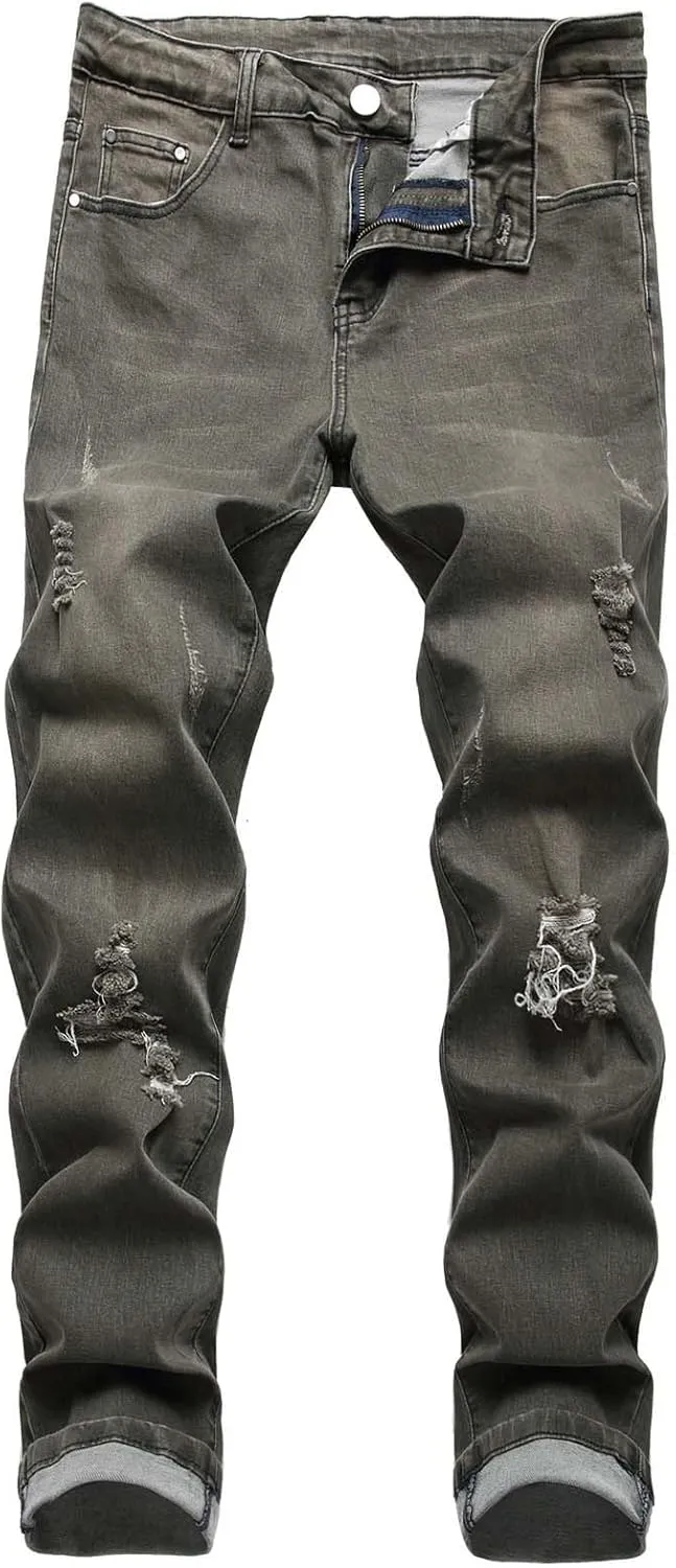 Men's Jean Ripped Slim Fit Straight Leg Denim Pants Stretch Skinny Distressed Comfort Fashion Biker Denim Pants Jeans